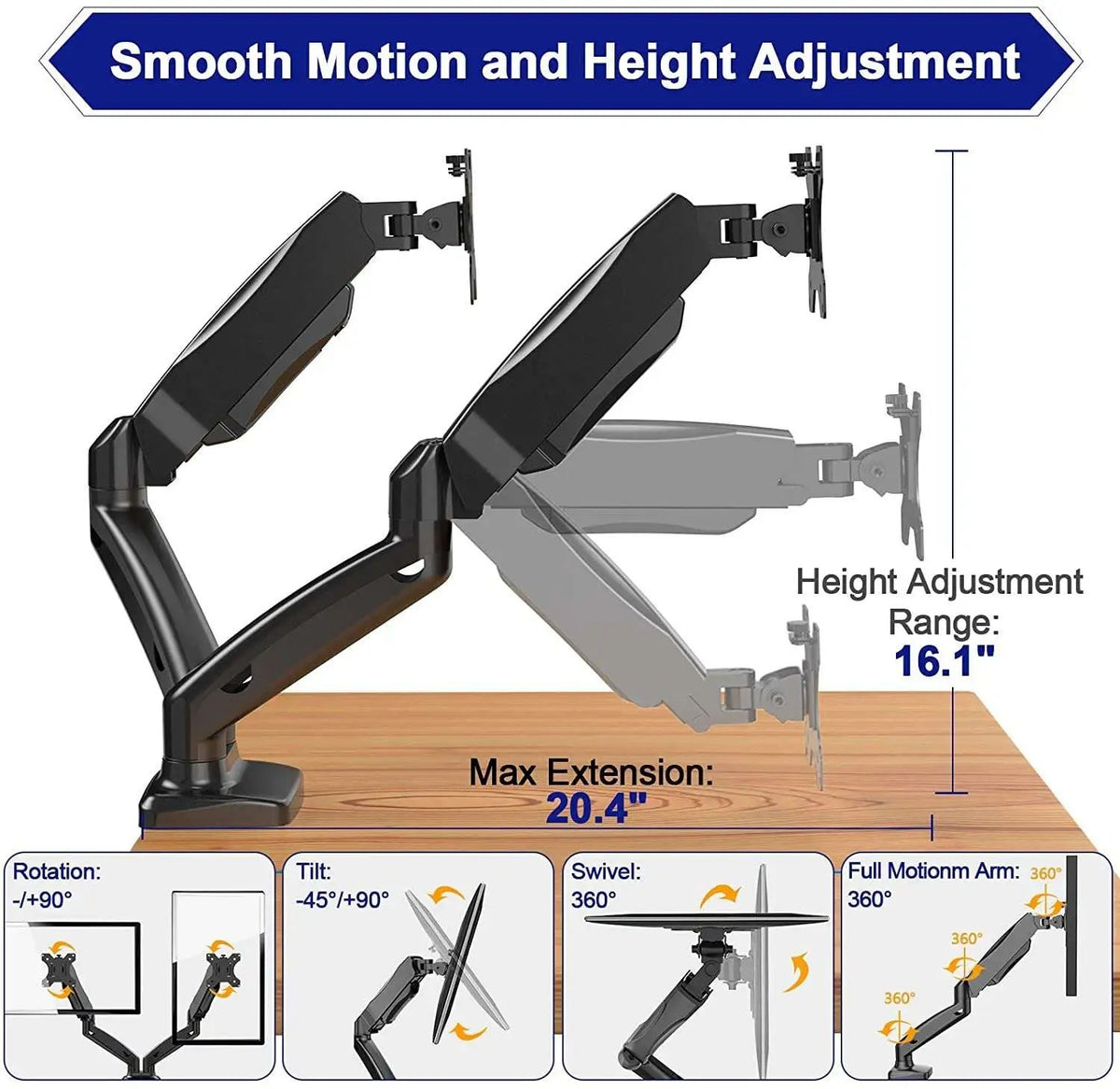 Dual Monitor Gas Spring Table Stand – Pneumatic Two Monitor Desk Mount Arm (for 13–32″ Monitors/ 8kg per monitor) — image 5