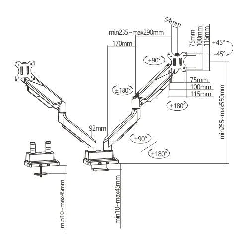 Dual Monitor Heavy Duty Gas Spring Arm Desk Mount (for 13–35″ Monitor/ 15kg per monitor) — image 12