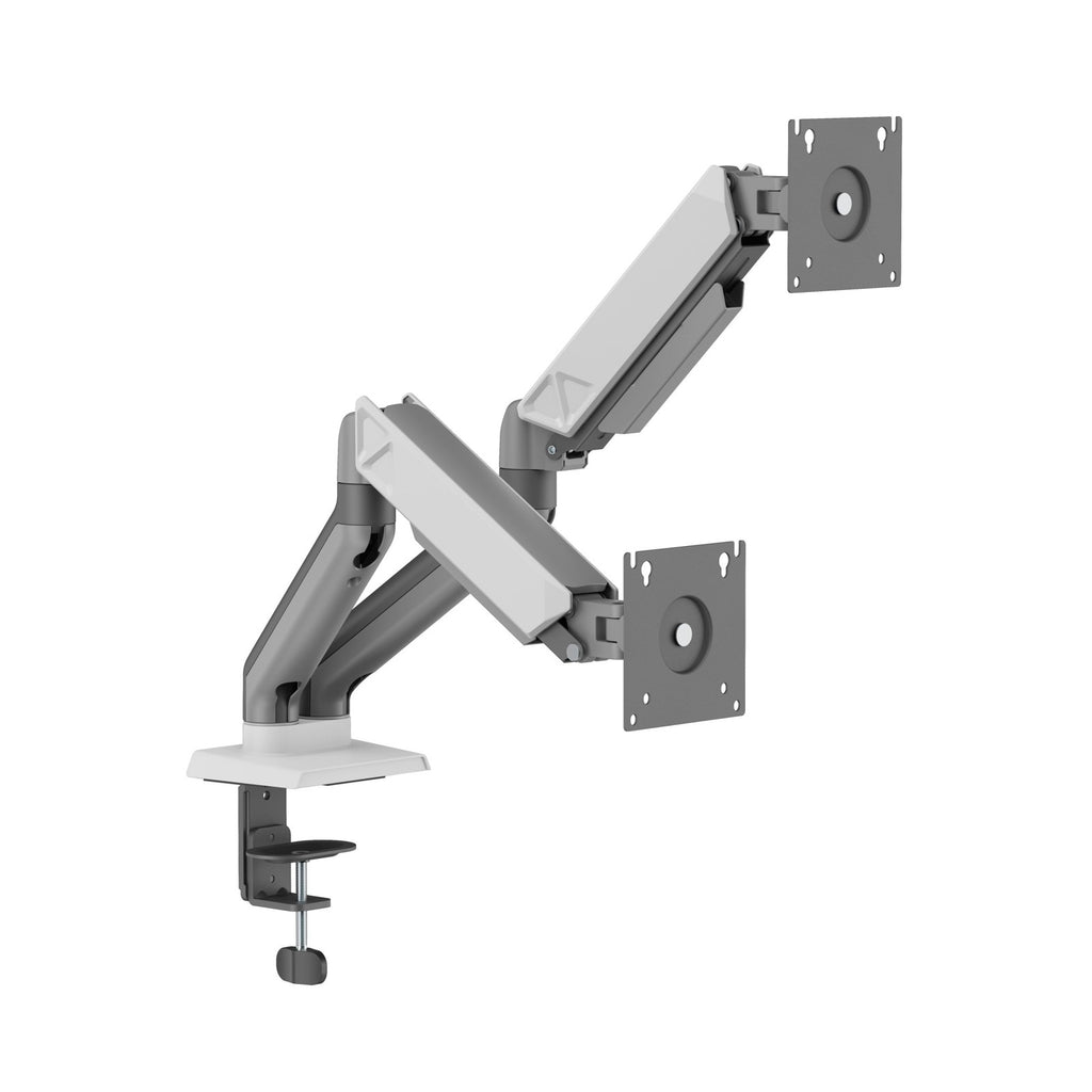 Dual Monitor Silver Alloy Spring Assisted Table Stand – Desk Mount Arm (for 13–32″ Monitors/ 8kg per monitor) — image 1