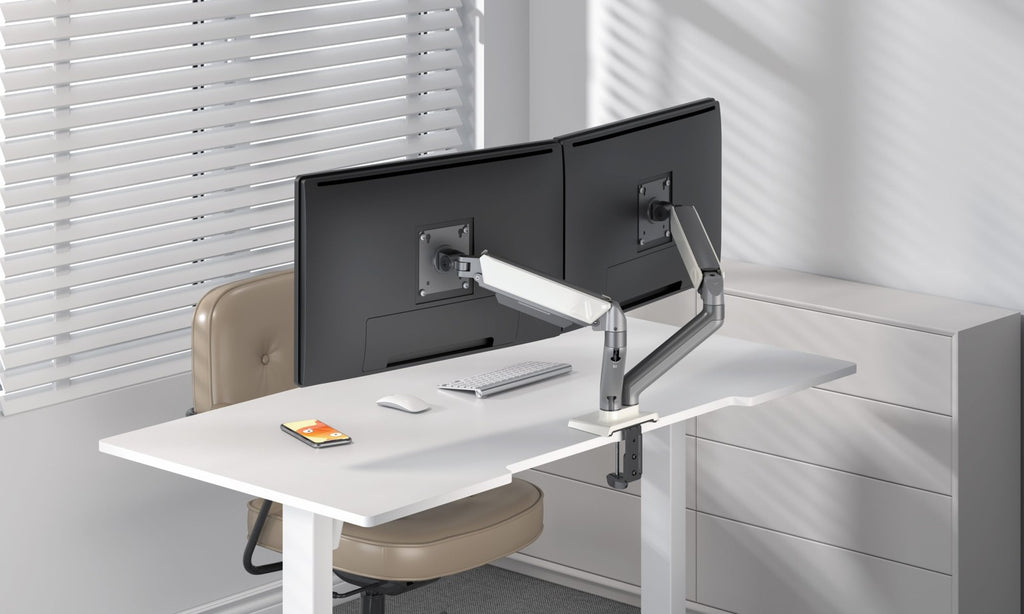 Dual Monitor Silver Alloy Spring Assisted Table Stand – Desk Mount Arm (for 13–32″ Monitors/ 8kg per monitor) — image 2