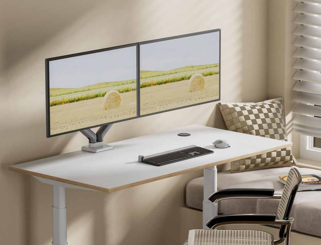 Dual Monitor Silver Alloy Spring Assisted Table Stand – Desk Mount Arm (for 13–32″ Monitors/ 8kg per monitor) — image 3