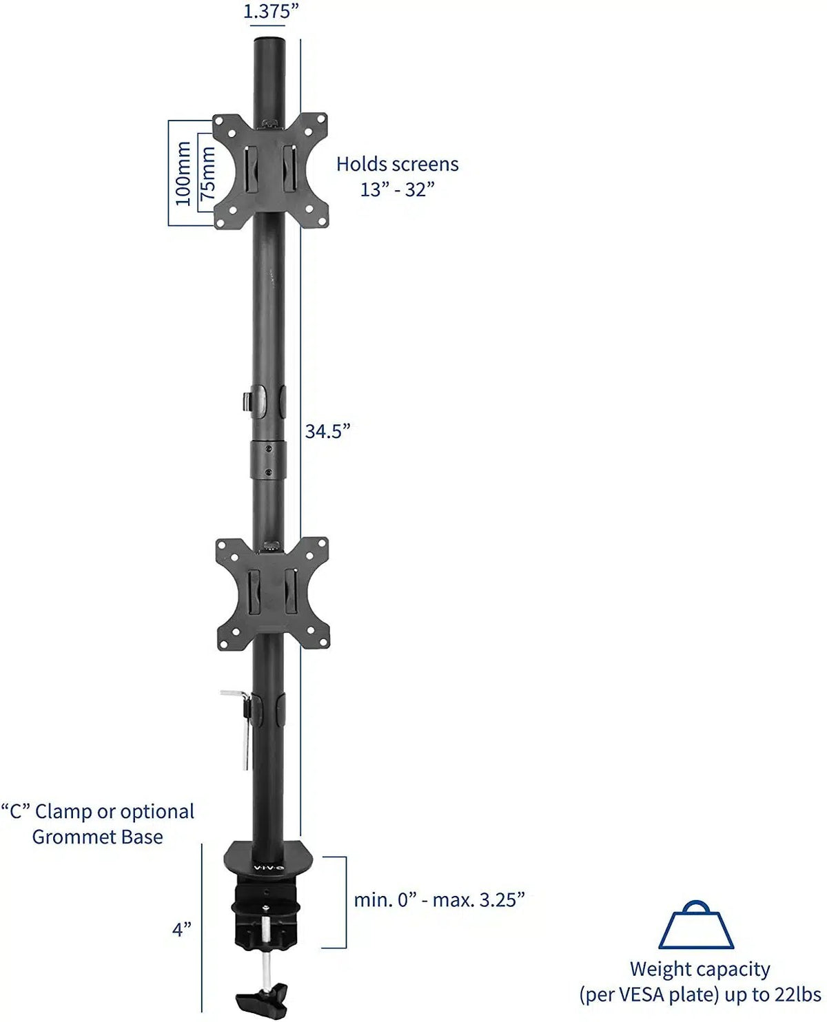 Dual Monitor Vertical Mount Clamp/Drill Type – Two Monitor Vertical Desk Stand Arm (for 13–32″ Monitors/ 8kg per monitor) — image 3