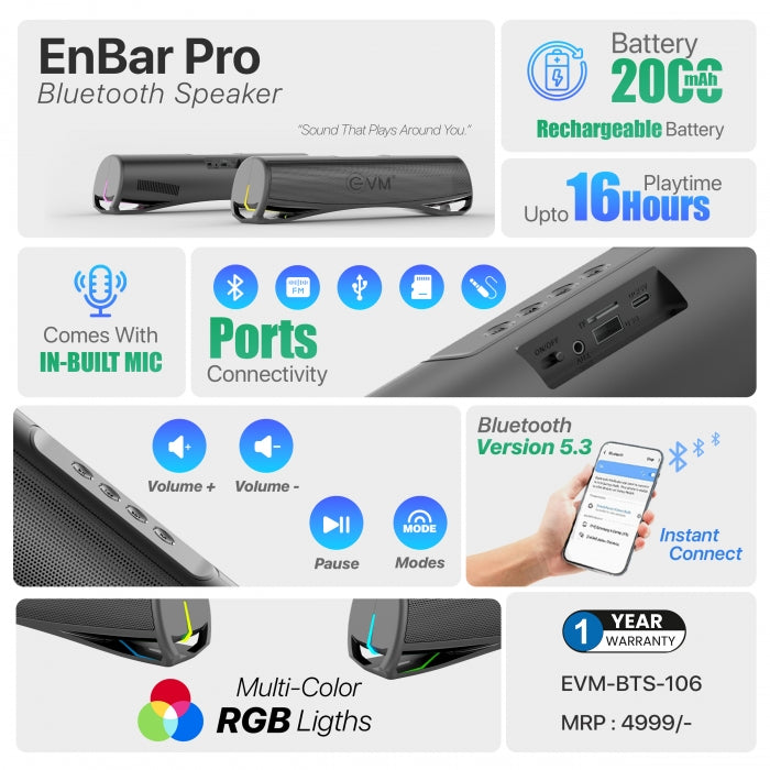EVM EnBar Pro Bluetooth Speaker EVM-BTS106-B – TechCure India