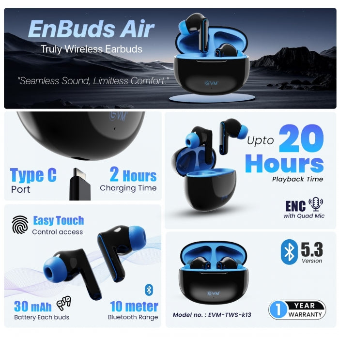 EVM EnBuds Air Truly Earbuds EVM-TWS-K13-BU – TechCure India