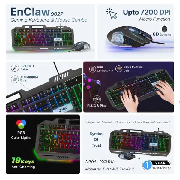 EVM EnClaw 9027 Gaming Keyboard and Mouse Combo (Black) (WDKM-612-BLACK-GREY) – TechCure India