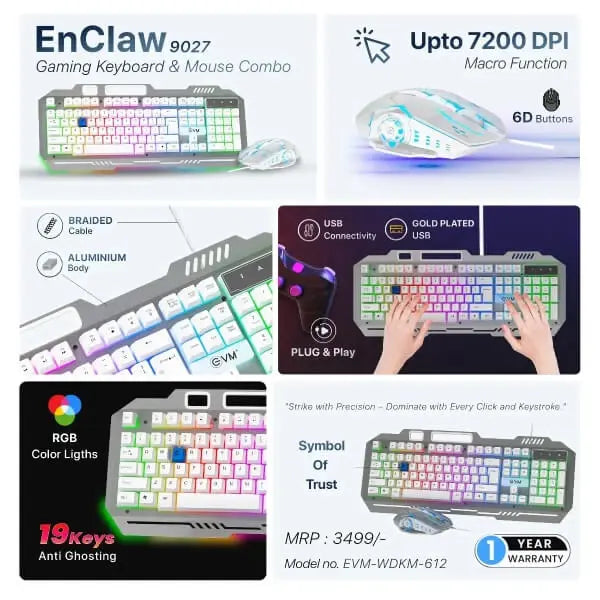 EVM EnClaw 9027 Gaming Keyboard and Mouse Combo (White) (WDKM-612-SILVER-WHITE) – TechCure India