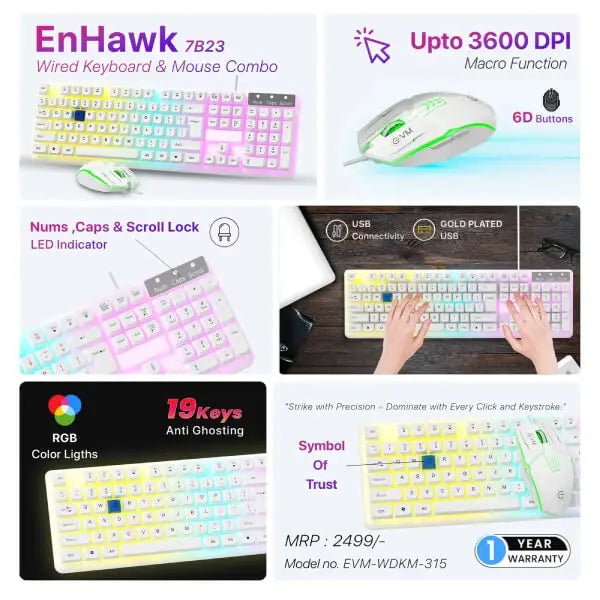 EVM EnHawk 7B23 Gaming Keyboard and Mouse Combo (White) (EVM-WDKM-315) – TechCure India