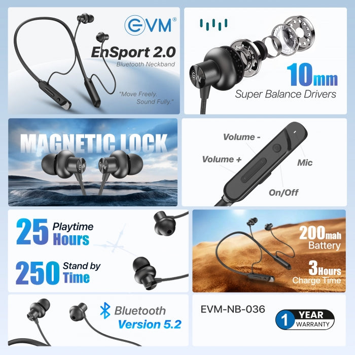 EVM EnSport 2.0 Bluetooth Neckband EVM-NB036-B – TechCure India