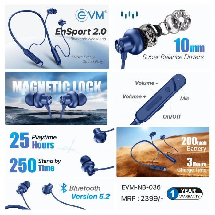 EVM EnSport 2.0 Bluetooth Neckband EVM-NB036-RB – TechCure India