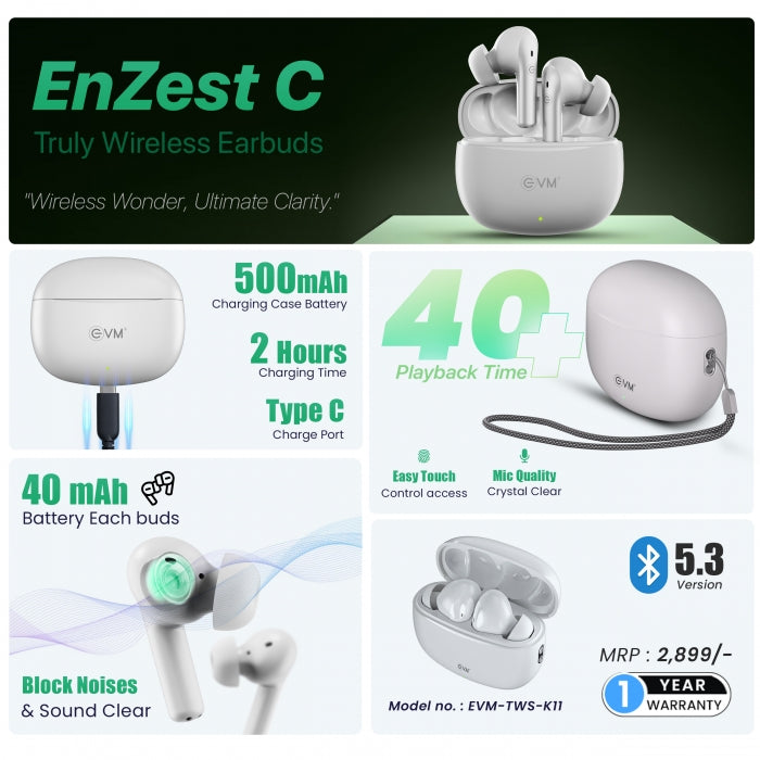 EVM EnZest C Truly Earbuds EVM-TWS-K11-W – TechCure India