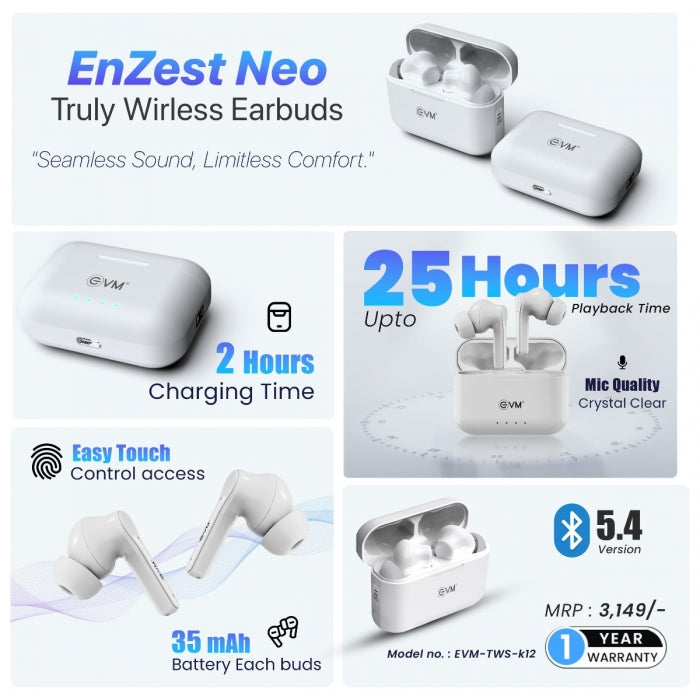 EVM EnZest Neo Truly Earbuds EVM-TWS-K12-W – TechCure India