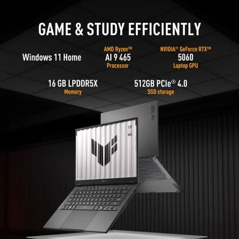 ASUS TUF Gaming A14 FA401GM-RG038WS, AMD Ryzen AI 9 465, 16GB RAM, 512GB SSD, RTX 5060 8GB, 14 inch 2.5K resolution, Windows 11 Home, Microsoft Office Home 2024, Microsoft 365 Basic, Gaming Laptop, 1 Year(s) Warranty, Jaeger Grey – TechCure India