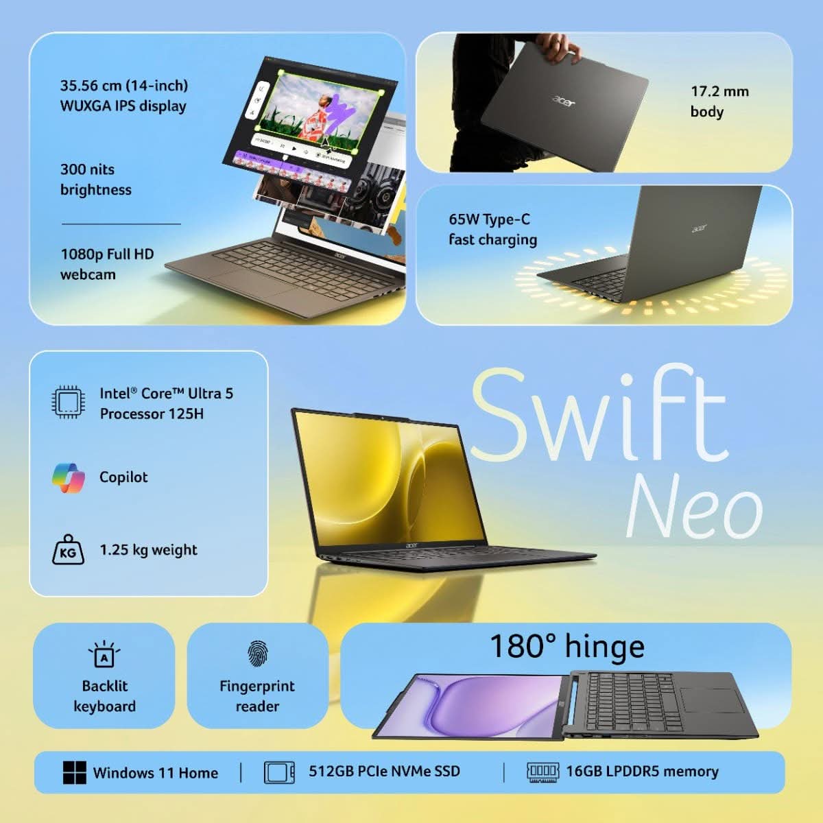 Acer Swift Neo UN.37QSI.006, Intel Core Ultra 5 125H, 16GB RAM, 512GB SSD, 14 inch, Windows 11 Home, MS Office, 1.25 kg, Steel Gray – TechCure India