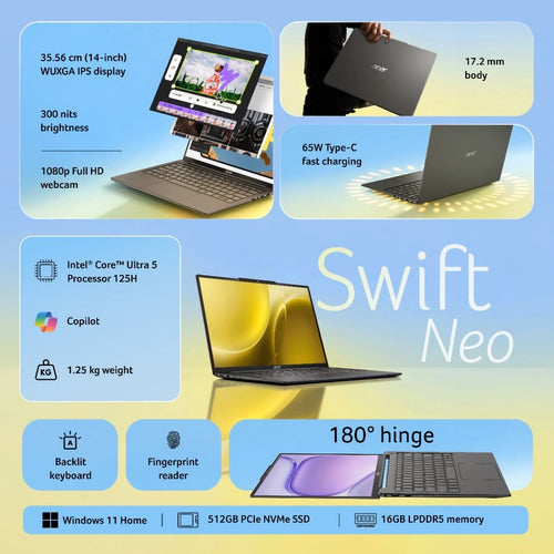 Acer Swift Neo UN.37QSI.006, Intel Core Ultra 5 125H, 16GB RAM, 512GB SSD, 14 inch, Windows 11 Home, MS Office, 1.25 kg, Steel Gray – TechCure India