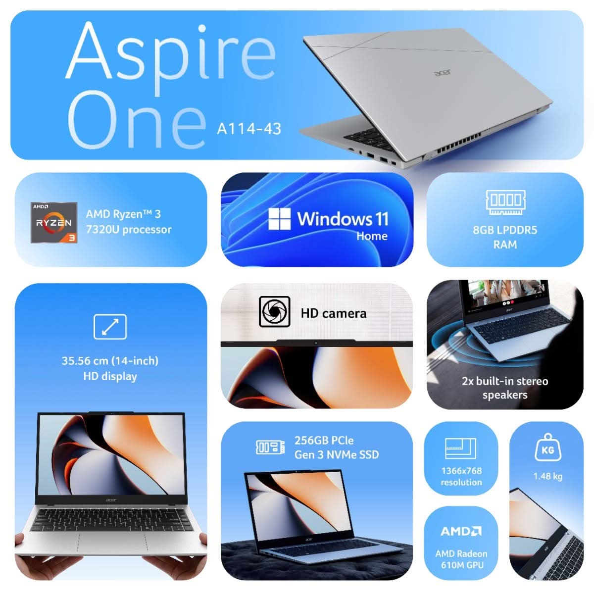 Acer Aspire One A114-43 (UN.37BSI.00E) Laptop, AMD Ryzen 3 7320U, 8GB RAM, 256GB SSD, 14 Inch FHD Display, Windows 11, Silver – TechCure India
