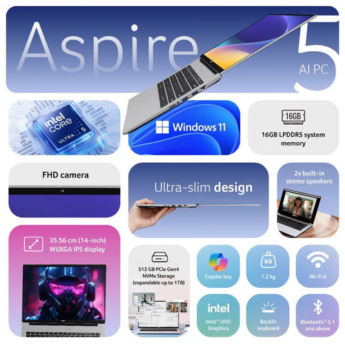 Acer Aspire 5 A514-54H, Intel Core Ultra 5 125H Processor, 16 GB RAM, 512 GB SSD, 14 Inch, FHD, Windows 11 Home, Silver – TechCure India