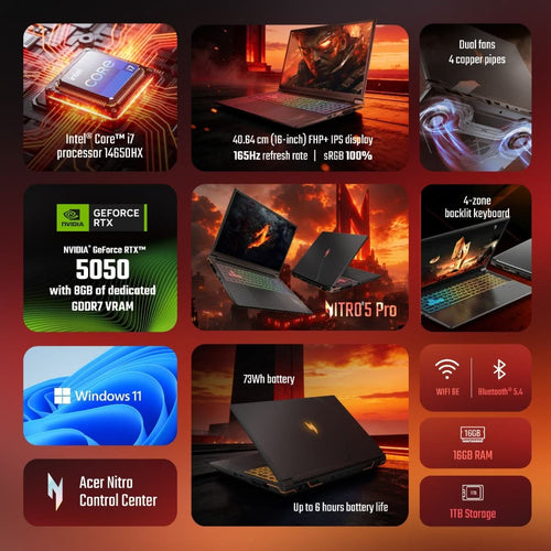 Acer NITRO 5 PRO, Gaming Laptop, Intel Core i7 14650HX, NVIDIA GeForce RTX 5050 - 8 GB GDDR7, 16 GB RAM, 1 TB SSD, FHD 16 Inch/40.64 cm, 165Hz, Windows 11 Home and MS Office, Dark Grey, Backlight Keyboard, 2.5kg, AN5P16-74G2 – TechCure India