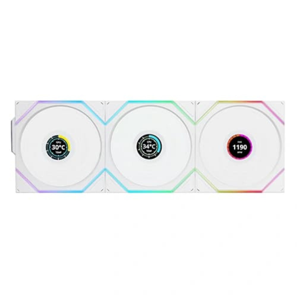 LIAN LI Uni Fan TL120 120mm LCD Wireless ARGB Cabinet Fan ( White ) ( Triple Pack ) – TechCure India
