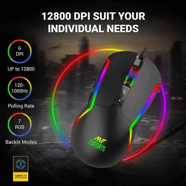 ANT ESPORTS GM330 Wired Ambidextrous RGB Gaming Mouse ( GM330-RGB-BLACK ) ( 12800DPI / 8 Macro Buttons ) ( Black ) – TechCure India