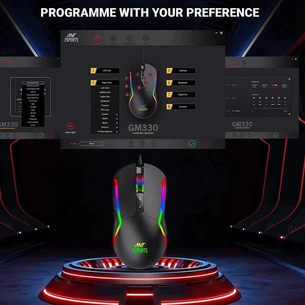 ANT ESPORTS GM330 Wired Ambidextrous RGB Gaming Mouse ( GM330-RGB-BLACK ) ( 12800DPI / 8 Macro Buttons ) ( Black ) – TechCure India