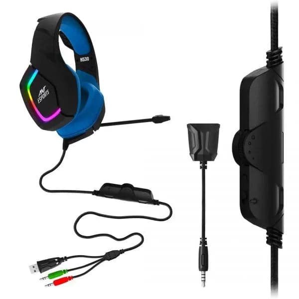 ANT ESPORTS H530 Multi-Platform Pro RGB LED Wired 3.5mm Wired Gaming Headphone ( Black / Blue ) ( PC / Playstation / Mobile / Xbox ) – TechCure India