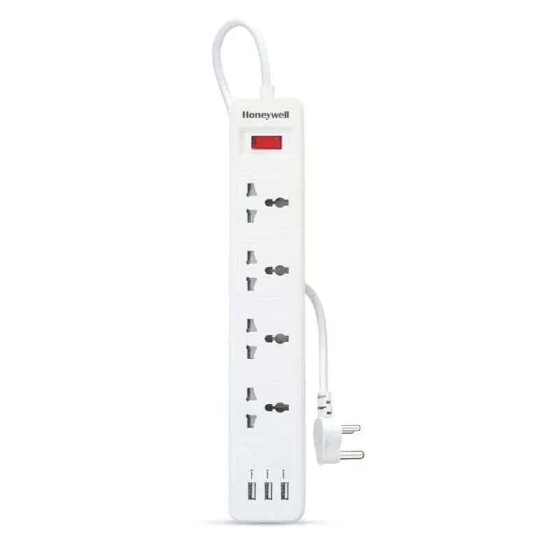 Honeywell 4 Outlet Extension Board with Master Switch, 6 Amps, 250V, 3xUSB, 4 International Sockets, Pure Copper, 6 Advanced Safety Features, 2 Mtr Power Cord, BIS Certified, 1 yr Warranty – TechCure India