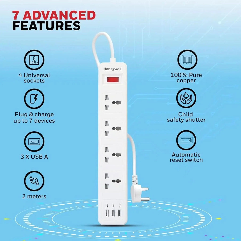 Honeywell 4 Outlet Extension Board with Master Switch, 6 Amps, 250V, 3xUSB, 4 International Sockets, Pure Copper, 6 Advanced Safety Features, 2 Mtr Power Cord, BIS Certified, 1 yr Warranty – TechCure India