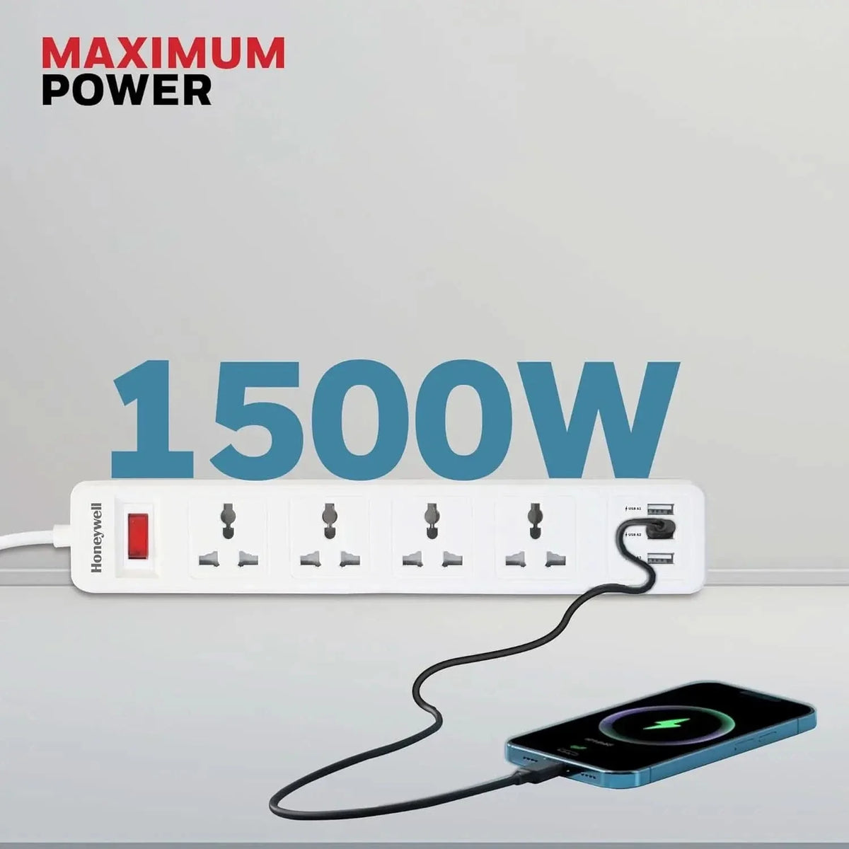 Honeywell 4 Outlet Extension Board with Master Switch, 6 Amps, 250V, 3xUSB, 4 International Sockets, Pure Copper, 6 Advanced Safety Features, 2 Mtr Power Cord, BIS Certified, 1 yr Warranty – TechCure India