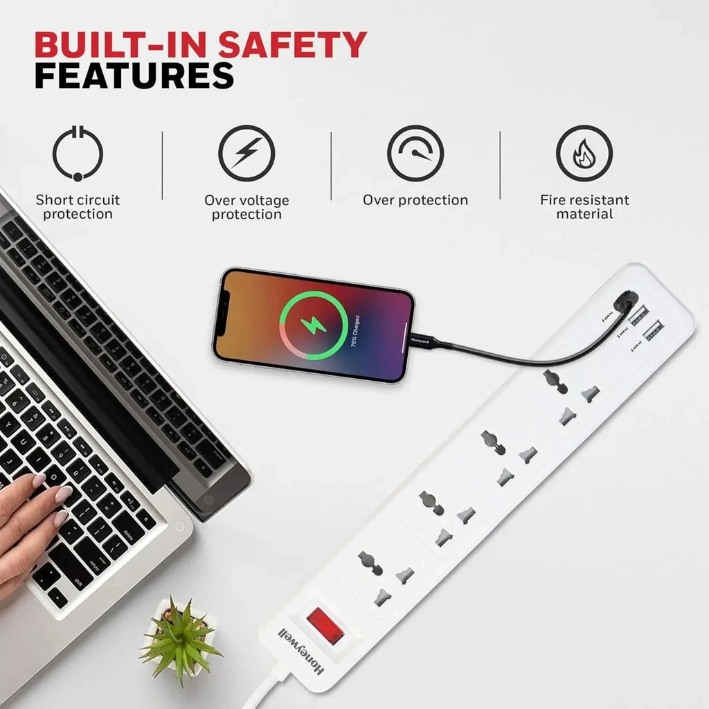 Honeywell 4 Outlet Extension Board with Master Switch, 6 Amps, 250V, 3xUSB, 4 International Sockets, Pure Copper, 6 Advanced Safety Features, 2 Mtr Power Cord, BIS Certified, 1 yr Warranty – TechCure India