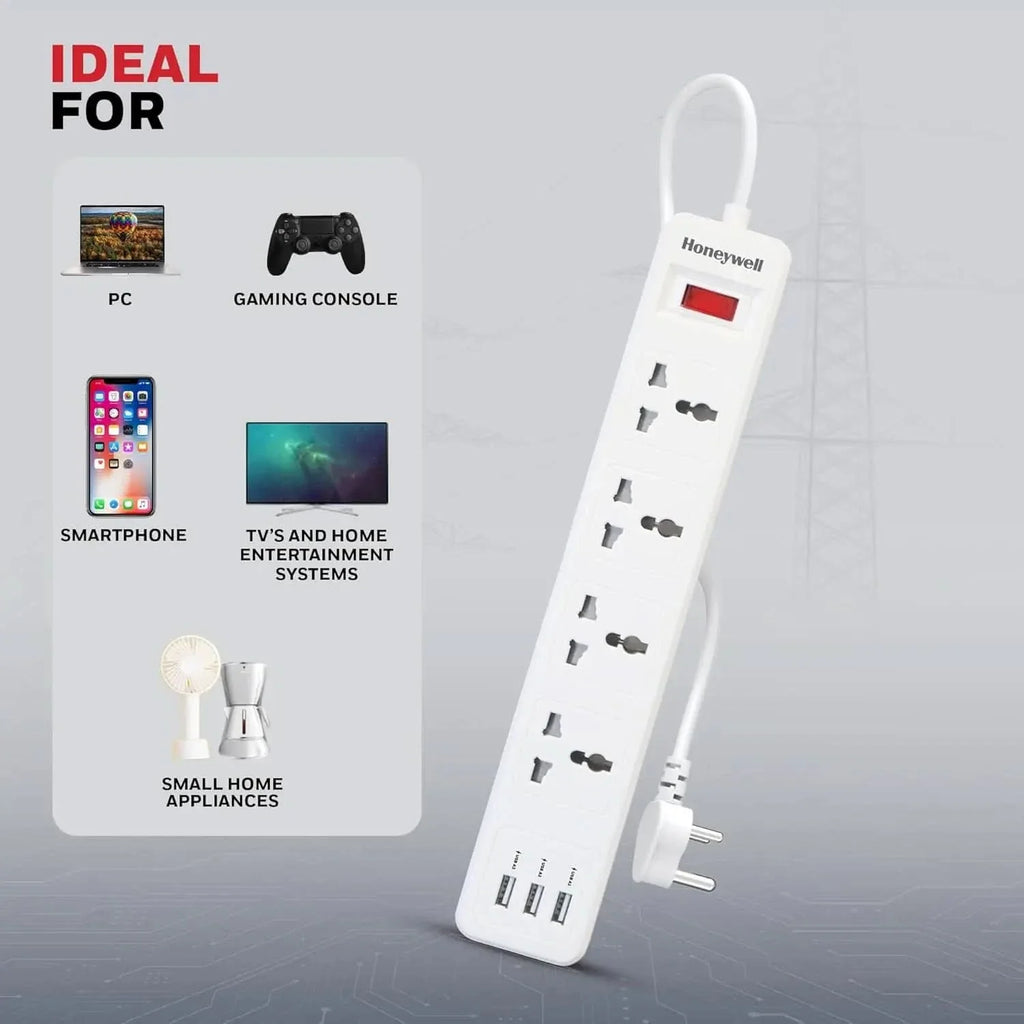 Honeywell 4 Outlet Extension Board with Master Switch, 6 Amps, 250V, 3xUSB, 4 International Sockets, Pure Copper, 6 Advanced Safety Features, 2 Mtr Power Cord, BIS Certified, 1 yr Warranty – TechCure India