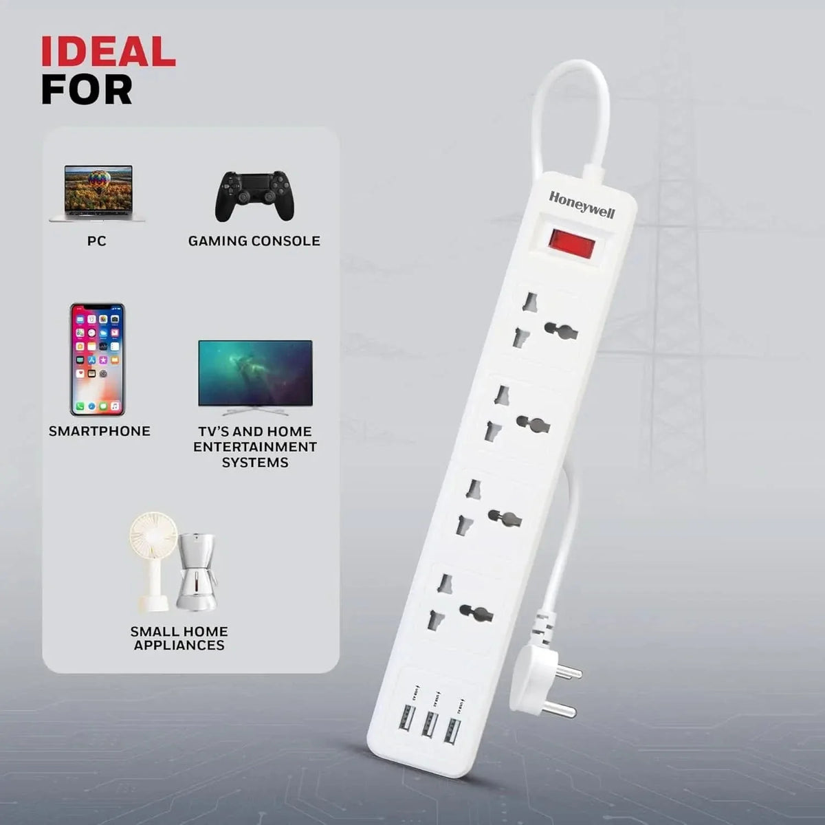 Honeywell 4 Outlet Extension Board with Master Switch, 6 Amps, 250V, 3xUSB, 4 International Sockets, Pure Copper, 6 Advanced Safety Features, 2 Mtr Power Cord, BIS Certified, 1 yr Warranty – TechCure India