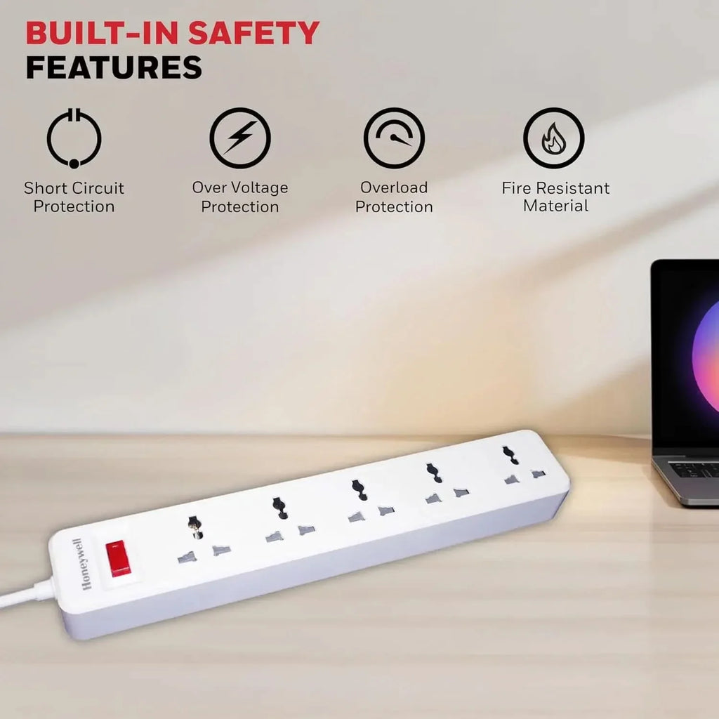 Honeywell 5 Outlet Extension Board with Master Switch, 6 Amps, 250V, 5 International Sockets, Pure Copper, 6 Advanced Safety Features, 2 Meter Power Cord, BIS Certified, 1 Year Warranty – TechCure India