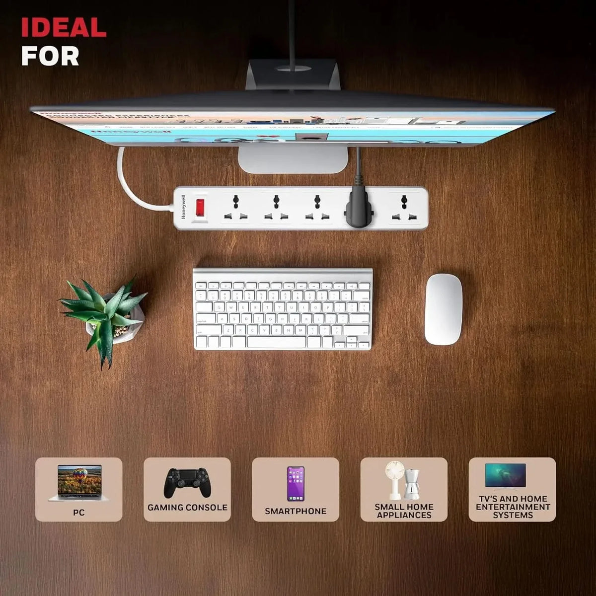 Honeywell 5 Outlet Extension Board with Master Switch, 6 Amps, 250V, 5 International Sockets, Pure Copper, 6 Advanced Safety Features, 2 Meter Power Cord, BIS Certified, 1 Year Warranty – TechCure India