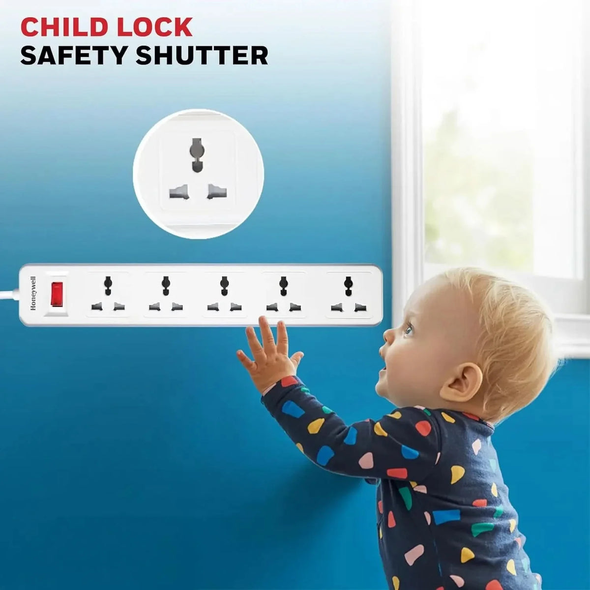 Honeywell 5 Outlet Extension Board with Master Switch, 6 Amps, 250V, 5 International Sockets, Pure Copper, 6 Advanced Safety Features, 2 Meter Power Cord, BIS Certified, 1 Year Warranty – TechCure India