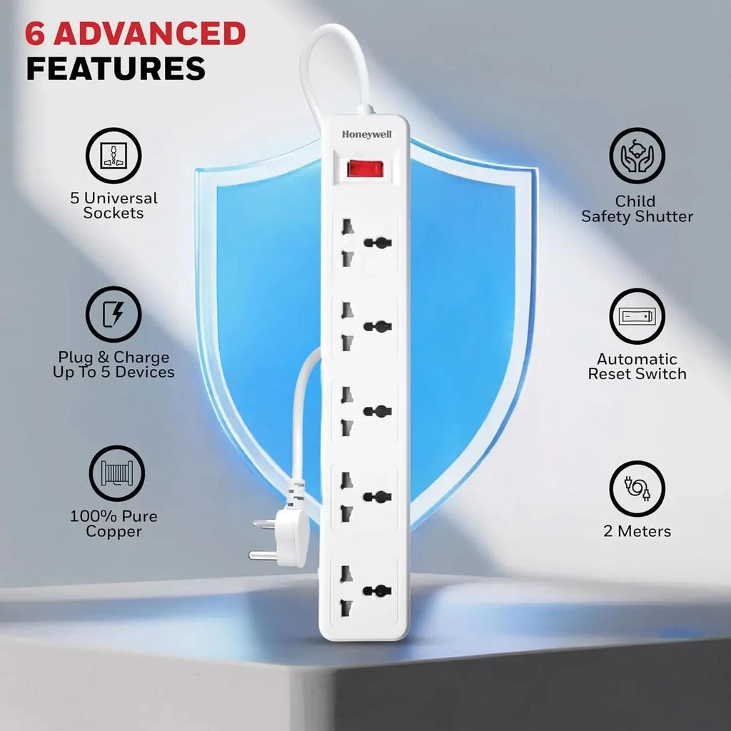 Honeywell 5 Outlet Extension Board with Master Switch, 6 Amps, 250V, 5 International Sockets, Pure Copper, 6 Advanced Safety Features, 2 Meter Power Cord, BIS Certified, 1 Year Warranty – TechCure India