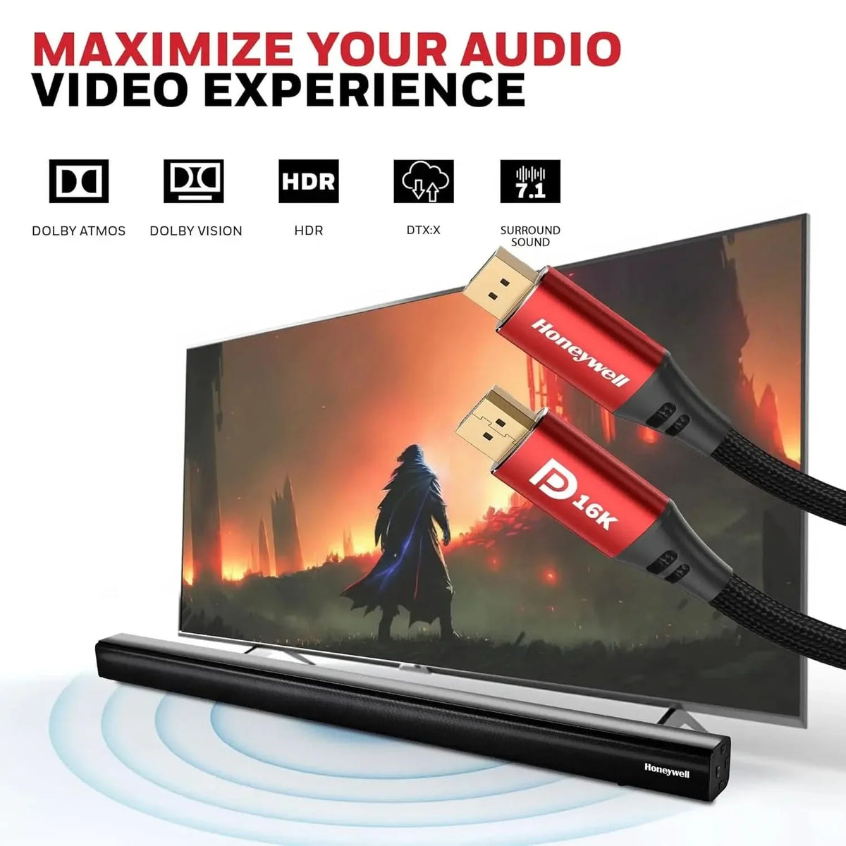 Honeywell Display Port To Display Port 2.1 Cable, 16K@60Hz UHD Resolution, 2 meter, 40 GBPS Transmission Speed, Male to Male, Compatible with TV, Laptop, Projector, Monitor, etc – TechCure India