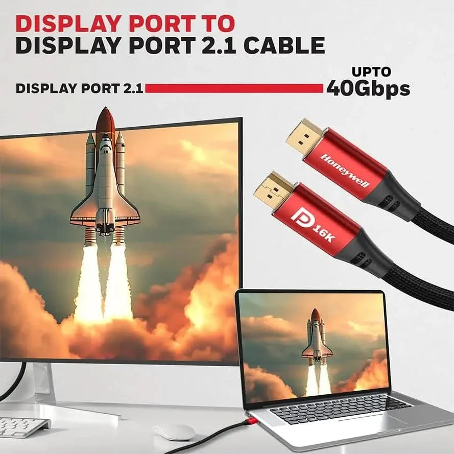Honeywell Display Port To Display Port 2.1 Cable, 16K@60Hz UHD Resolution, 2 meter, 40 GBPS Transmission Speed, Male to Male, Compatible with TV, Laptop, Projector, Monitor, etc – TechCure India