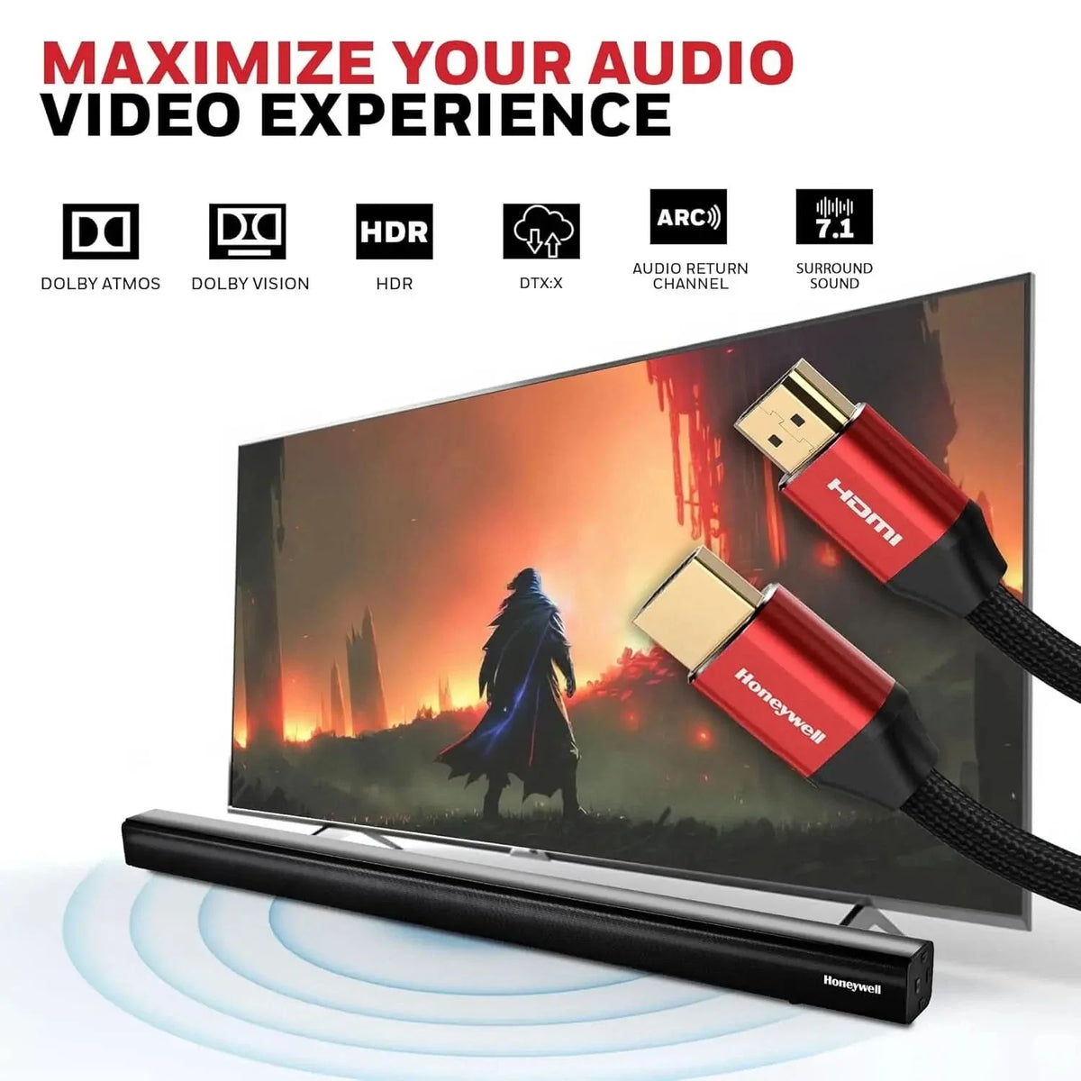 Honeywell HDMI Cable 2.1 with Ethernet, 8k@60Hz, 4K@120Hz UHD Resolution, (9.8ft/3M), 48 GBPS Transmission Ultra High Speed, Dolby DTS, eARC, 3D,Male-to-Male,Compatible with All HDMI-Enabled Devices – TechCure India