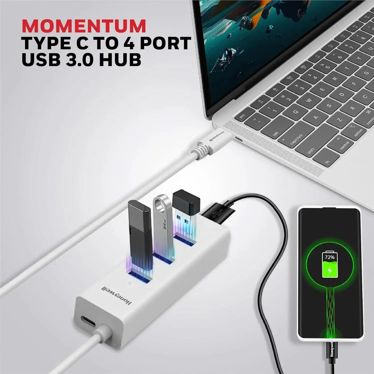 Honeywell Momentum Type C to 4xUSB 3.0 Hub, Super-Fast Transmission Speed 5GBPS, Max Current 900mA per Port, Universally Compatible with All Type C- MacBook, Laptop, PC, Printer, Mobiles, Keyboard – TechCure India