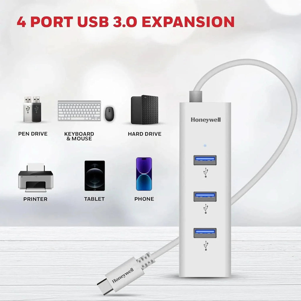 Honeywell Momentum Type C to 4xUSB 3.0 Hub, Super-Fast Transmission Speed 5GBPS, Max Current 900mA per Port, Universally Compatible with All Type C- MacBook, Laptop, PC, Printer, Mobiles, Keyboard – TechCure India