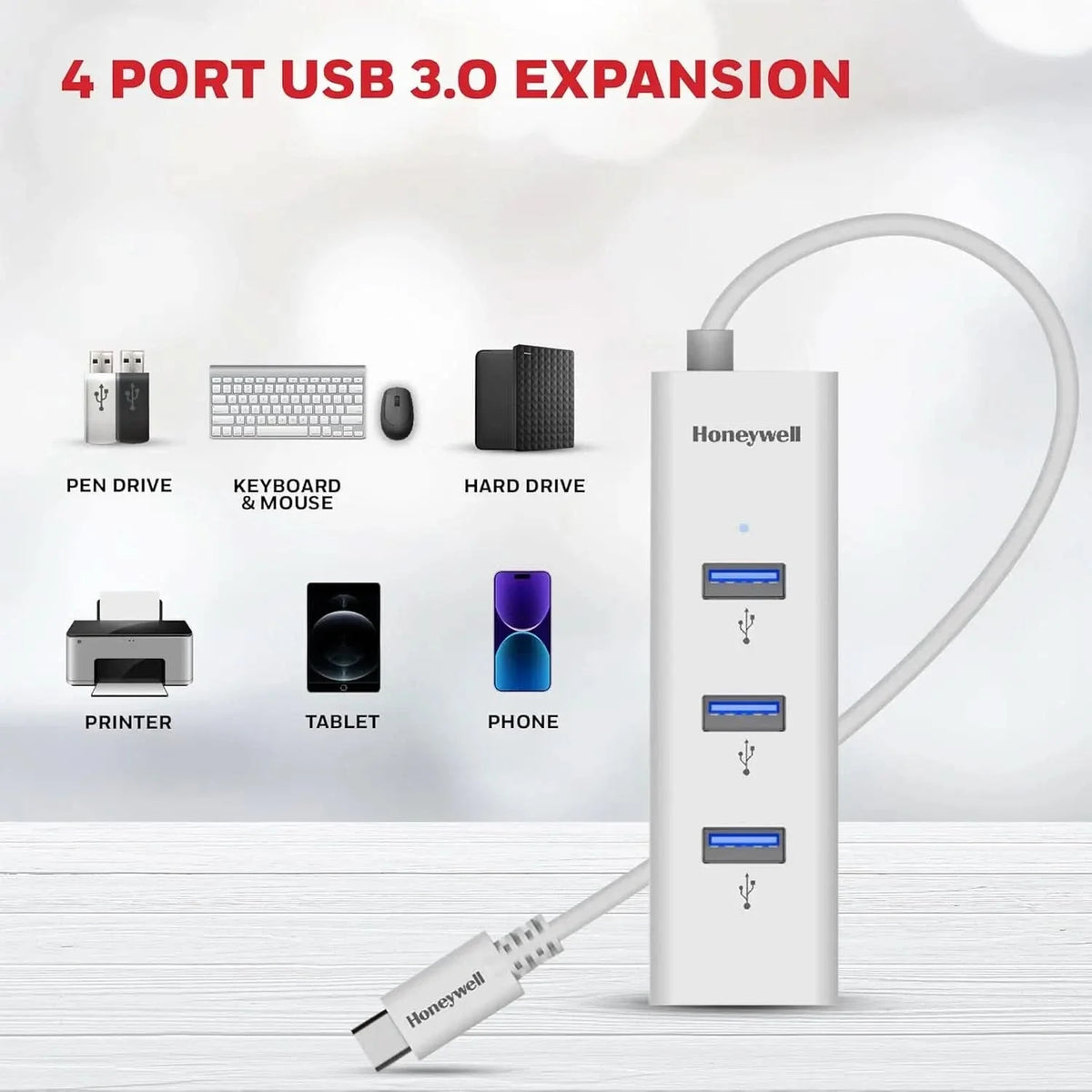 Honeywell Momentum Type C to 4xUSB 3.0 Hub, Super-Fast Transmission Speed 5GBPS, Max Current 900mA per Port, Universally Compatible with All Type C- MacBook, Laptop, PC, Printer, Mobiles, Keyboard – TechCure India