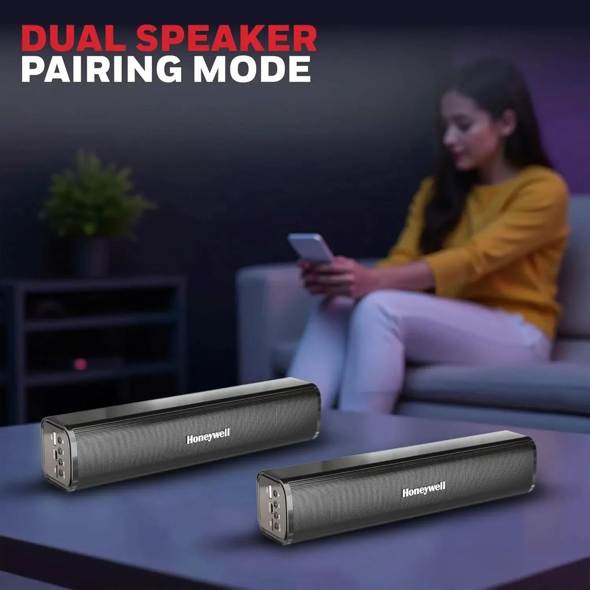 Honeywell Moxie V1000 10W 2.0 Channel V5.0 Wireless Bluetooth Soundbar, 5.0 Stereo Sound, 52mm*2 Drivers, 15Hrs Playtime, TWS, 1200mAh Battery, Multiple Connectivity via SD Card, Audio Jack & USB – TechCure India