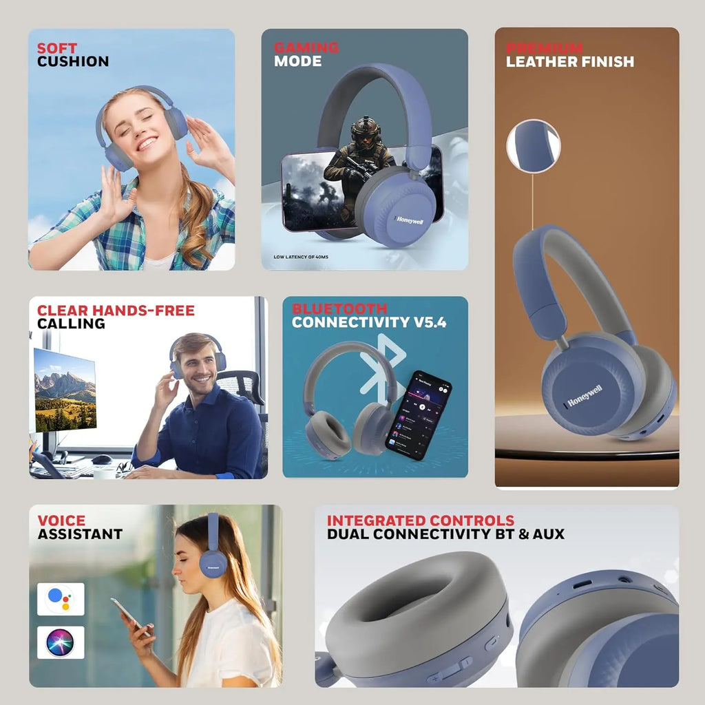 Honeywell Moxie V20 Bluetooth 5.4 Wireless On-Ear Headphones with Mic, ENC Noise Reduction, 25H Playback, Deep Bass, IPX4, AUX Support, 40ms Low Latency Gaming Mode, Stereo Sound, Padded Cushions Blue – TechCure India