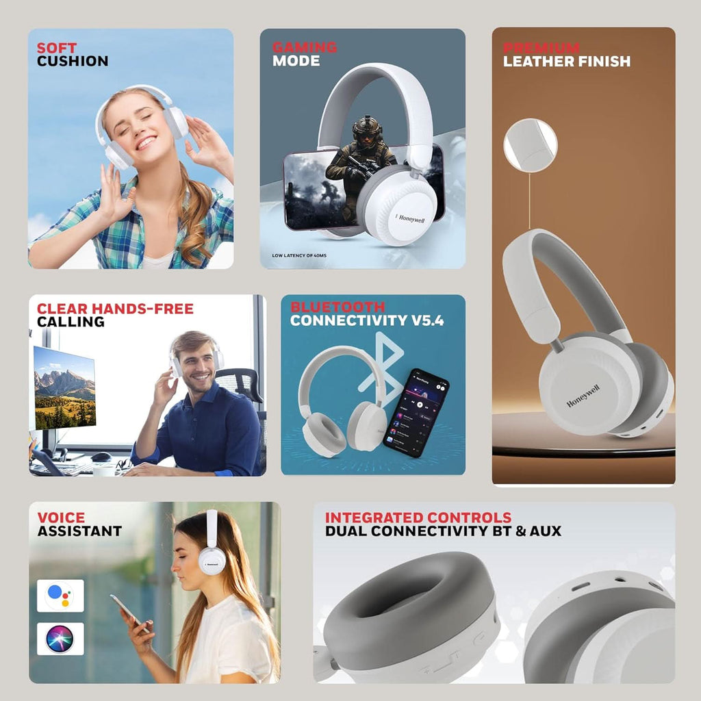 Honeywell Moxie V20 Bluetooth 5.4 Wireless On-Ear Headphones with Mic, ENC Noise Reduction, 25H Playback, Deep Bass, IPX4, AUX Support, 40ms Low Latency Gaming Mode, Stereo Sound, Padded Cushions – TechCure India