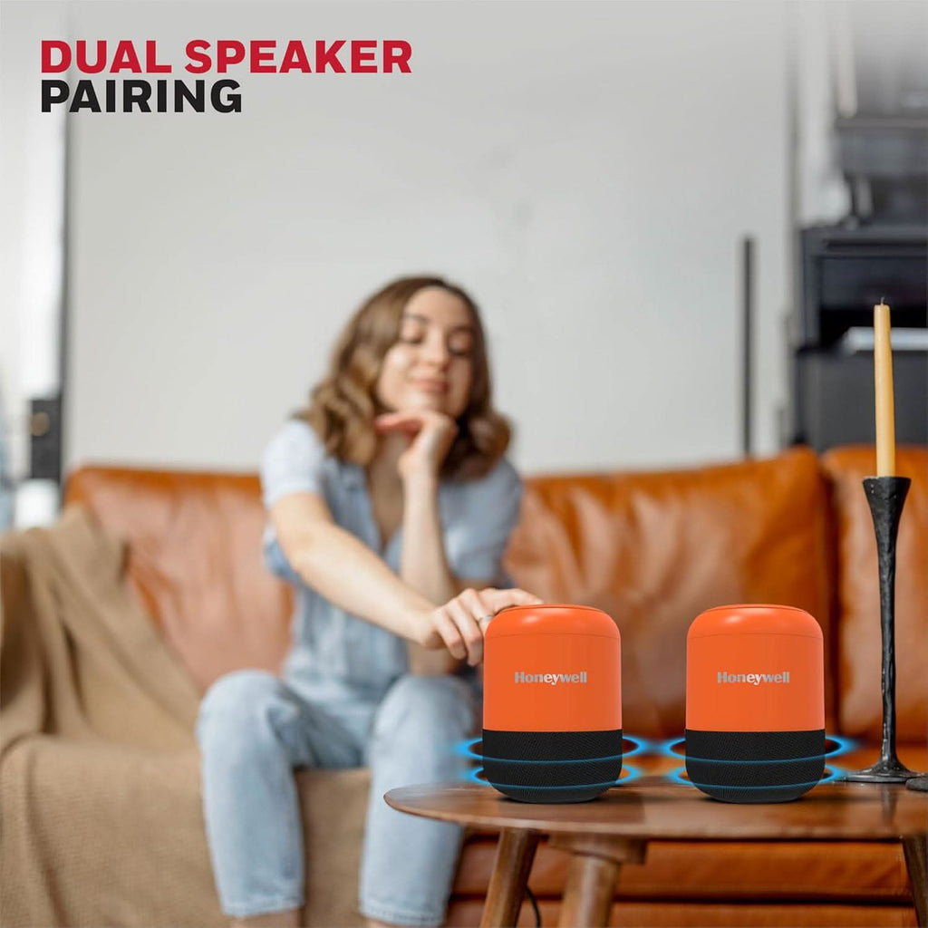 Honeywell Moxie V200 Wireless Bluetooth V5.3 Portable Speaker 5W, 12Hrs Playtime, Advanced 52mm Drivers, IPX4, Connect 2 Speakers with TWS Feature, Premium Stereo Sound, Multi Compatibility Mode Orange – TechCure India