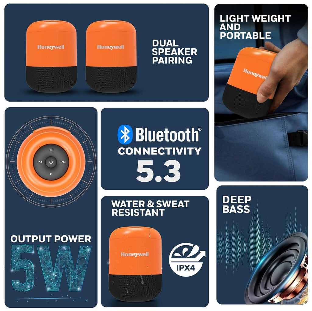 Honeywell Moxie V200 Wireless Bluetooth V5.3 Portable Speaker 5W, 12Hrs Playtime, Advanced 52mm Drivers, IPX4, Connect 2 Speakers with TWS Feature, Premium Stereo Sound, Multi Compatibility Mode Orange – TechCure India