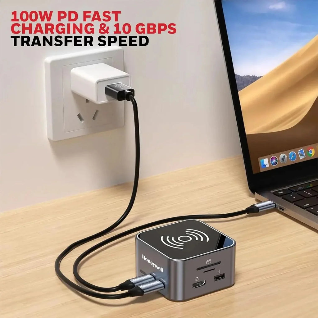 Honeywell New Launch 12-in-1 Type C Dock with 4K HDMI, MagSafe Wireless 15W, 4xUSB Ports PD 100W, Mic, Ethernet & Audio Port, SD & MicroSD Slot, All Type C Devices, Windows/MacBook – TechCure India