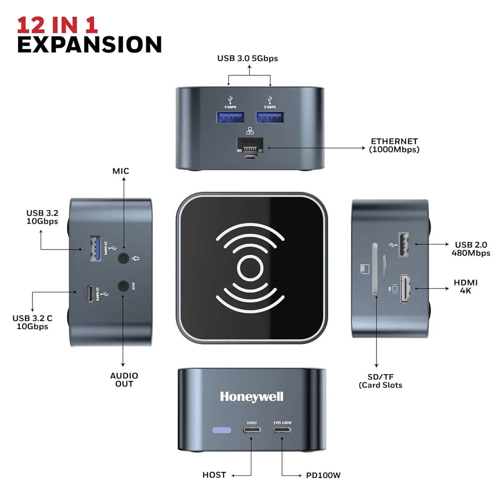 Honeywell New Launch 12-in-1 Type C Dock with 4K HDMI, MagSafe Wireless 15W, 4xUSB Ports PD 100W, Mic, Ethernet & Audio Port, SD & MicroSD Slot, All Type C Devices, Windows/MacBook – TechCure India