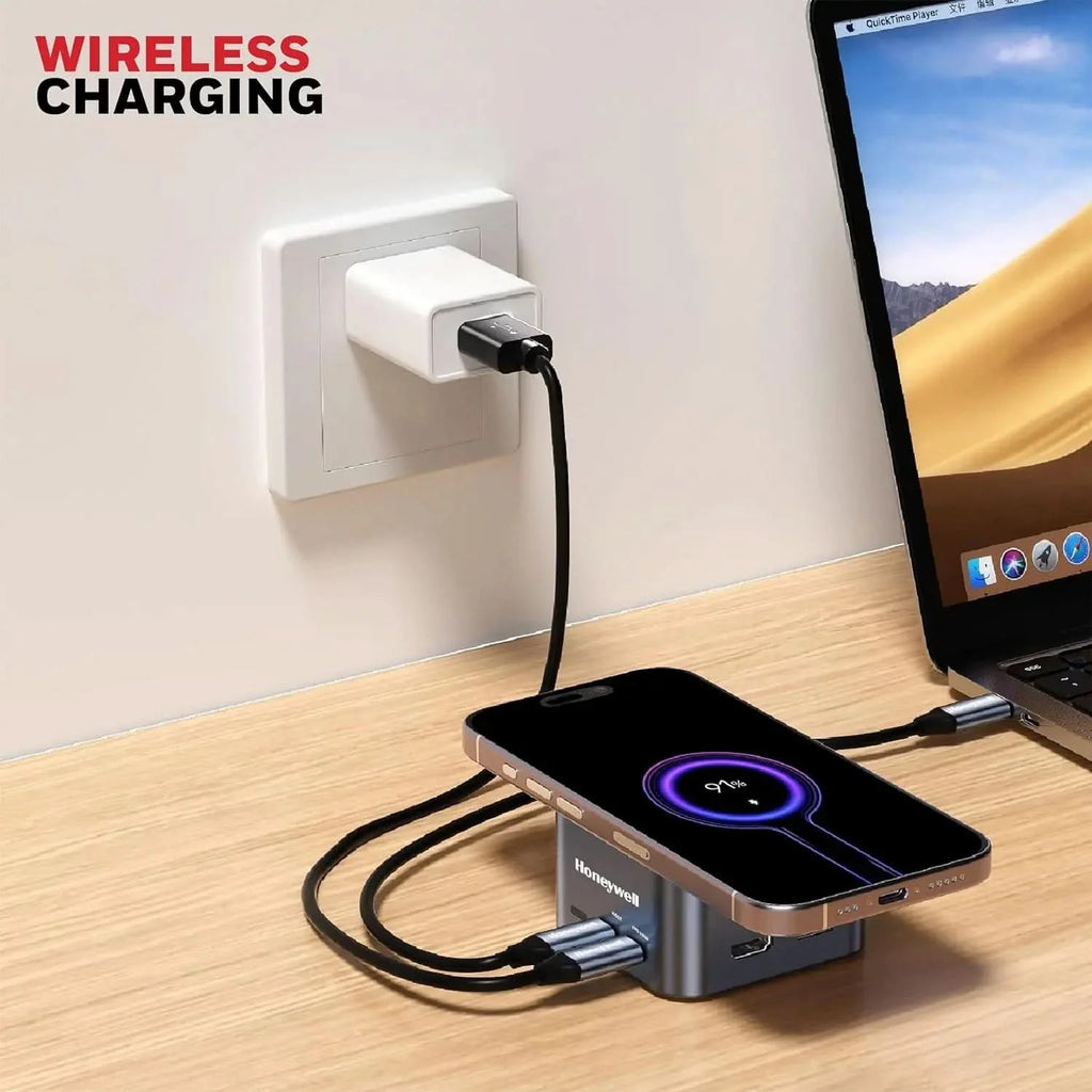 Honeywell New Launch 12-in-1 Type C Dock with 4K HDMI, MagSafe Wireless 15W, 4xUSB Ports PD 100W, Mic, Ethernet & Audio Port, SD & MicroSD Slot, All Type C Devices, Windows/MacBook – TechCure India