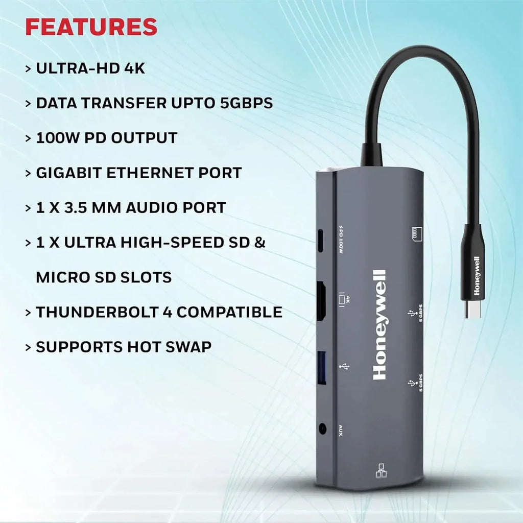 Honeywell New Launch 9-in-1 Type C Dock with 4K HDMI, 1GBPS RJ45 Ethernet Port, 2xUSB 3.0, 1xUSB 2.0 & Type C 3.0 PD100W, SD & Micro SD Slot, Audio Port for All Type C Devices- Windows/MacBook – TechCure India